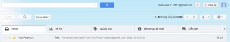 Giao diện Gmail trên nền Web được phân chia nội dung theo từng tab